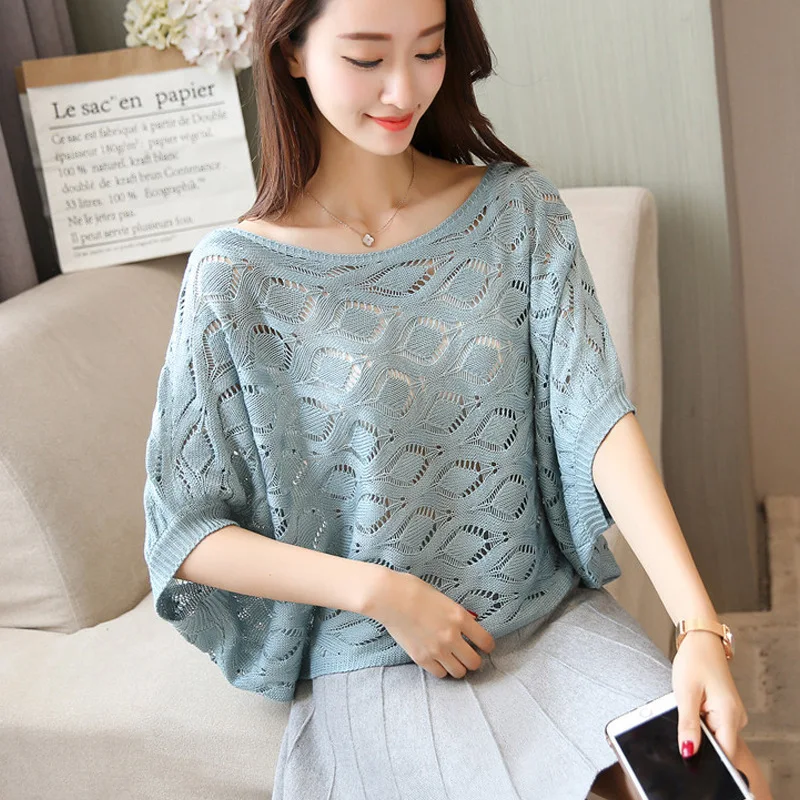 

Summer Batwing Sleeve Pullover Hollow Sexy Knitted Sweater Fashion Knitted Jumper Ladies Sweaters O Neck Loose Jumper Tops 2021