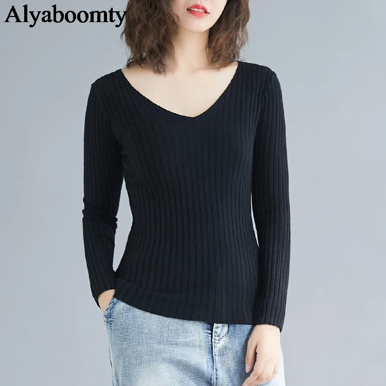 Корейский стиль осень зима женский свитер с v-образным вырезом черный серый