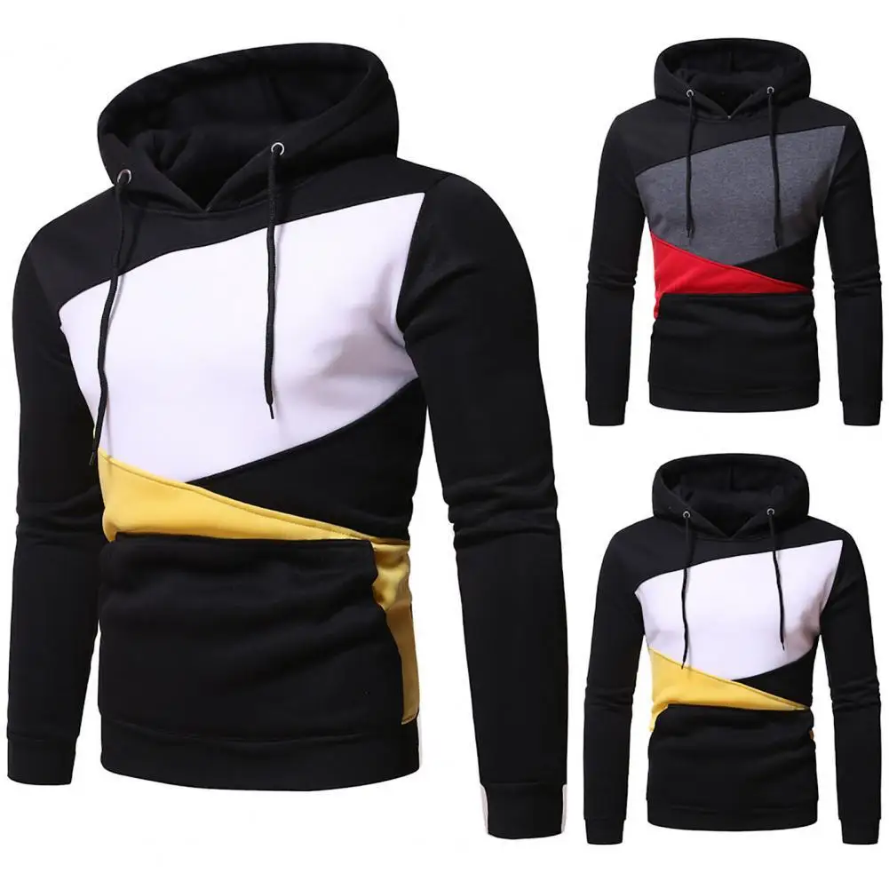 

Men Sweatshirt Oversized Hoodie Front Pocket Long Sleeve Pullover Thin Fleece Lining Patchwork Hooded Sweatshirt Streetwear
