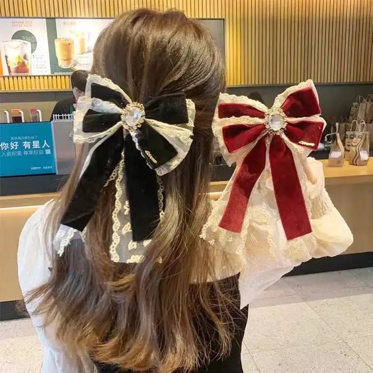 Заколка для волос с большим бантом девочек зажим из бархатной ткани кружевом