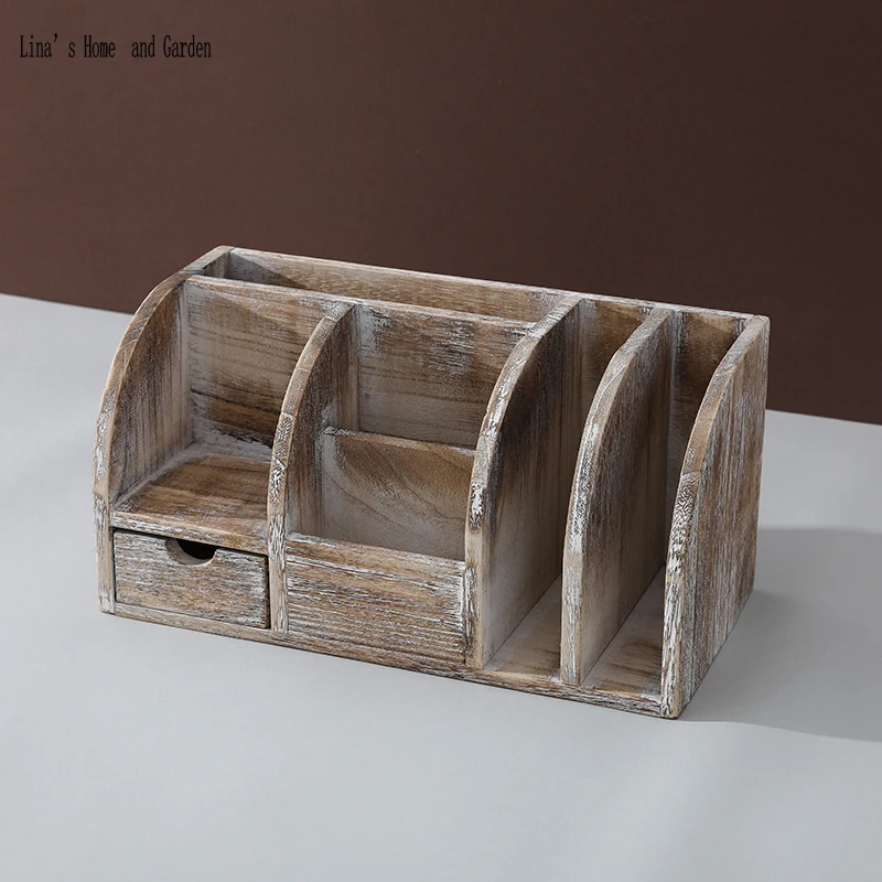 Деревенский ручной потертый шикарный Настольный органайзер из дерева|Хранилище