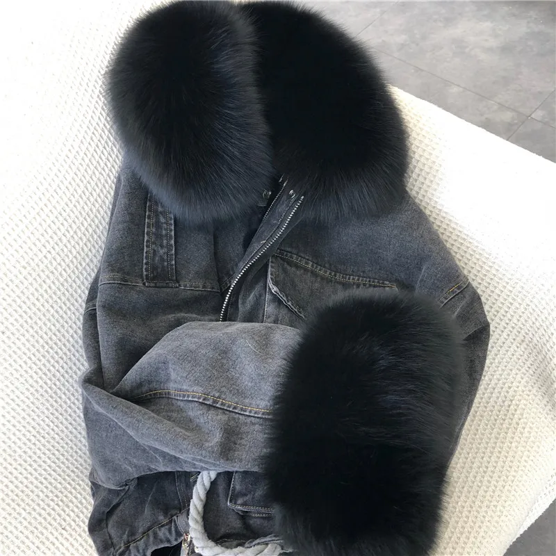 New INS Winter Female Real Fur Denim Coat Parkas 2020 Natural Rex Rabbit Fur Inner Women Coats and Jackets Fox Fur Collar