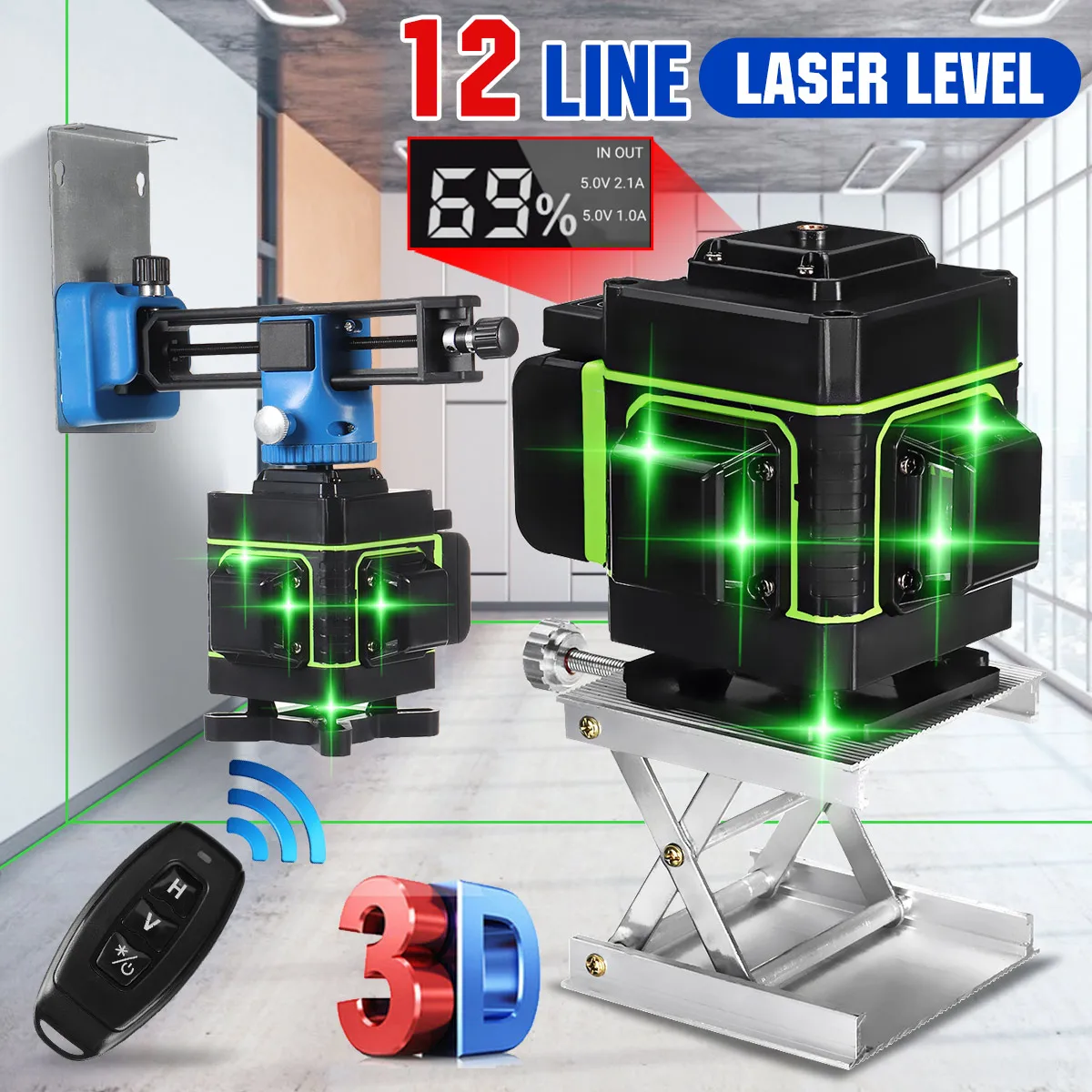 

3D 12 Lines Laser Level Vertical Horizontal Cross Line Self-leveling Laser Level 360° with Extension Bar Tripod Stand