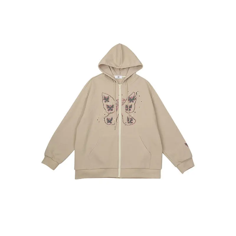 

Khaki Zip Sweatshirt Waffle Winter Jacket Top Oversized Hoodie Butterfly Retro Pocket Women Sleeve Pullover