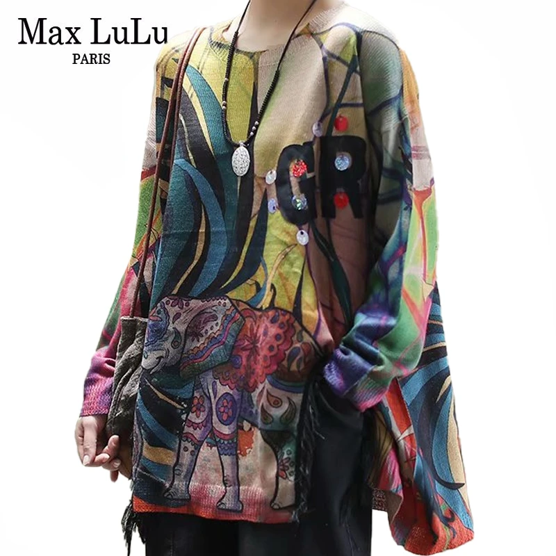 Max LuLu New 2020 British Fashion Ladies Vintage Printed Sweaters Women Casual Loose Knitted Pullovers Female Jumpers Plus Size | Женская