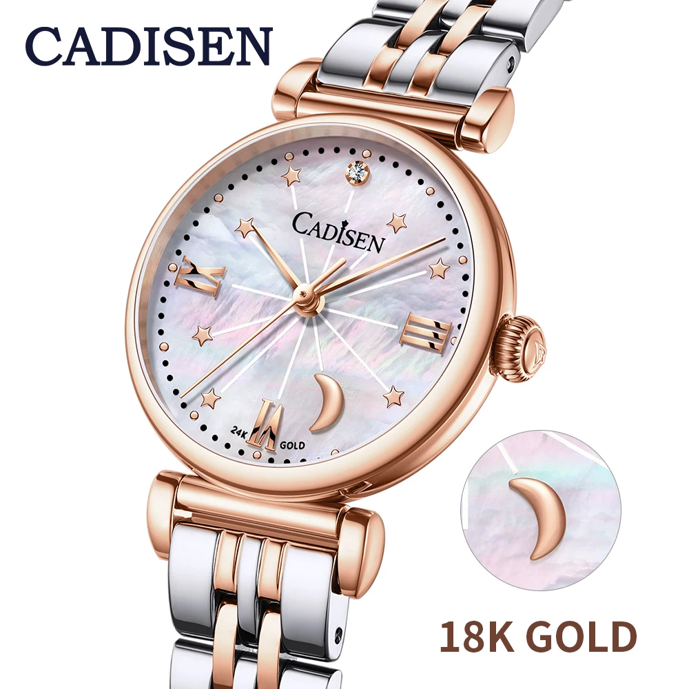

CADISEN 18K GOLD Women Watches Luxury Brand Fashion Roman Watch Fritillary Pearl Star Moon Ladies Watches Quartz Wristwatch Gift