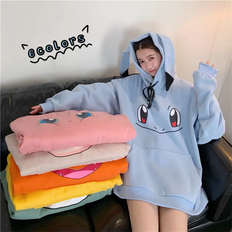

Korean Cartoon Embroidery Hoodie Sweatshirt Cute Girls Winter Clothes Kawaii Pikachu for Women Pocket Oversized Hoodies Pullover