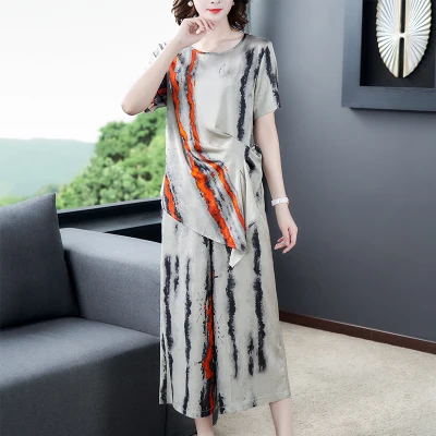 

Middle Aged Two Piece Women Pants Sets Striped Wide Leg Pants Vintage Ensemble Pantalon Et Haut Femme Matching Sets