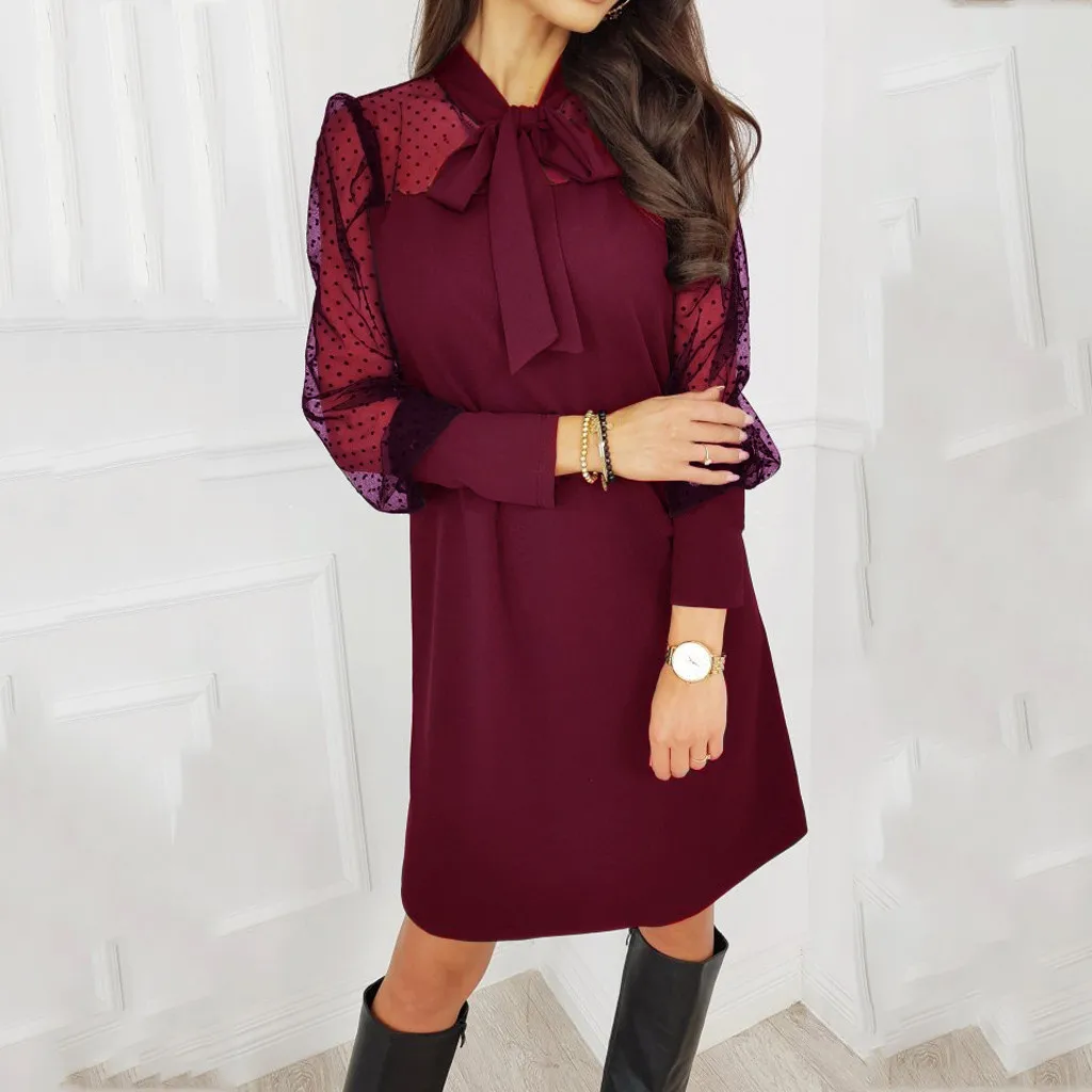 Модное женское весеннее красное платье с бантом на воротнике Сетчатое пышными