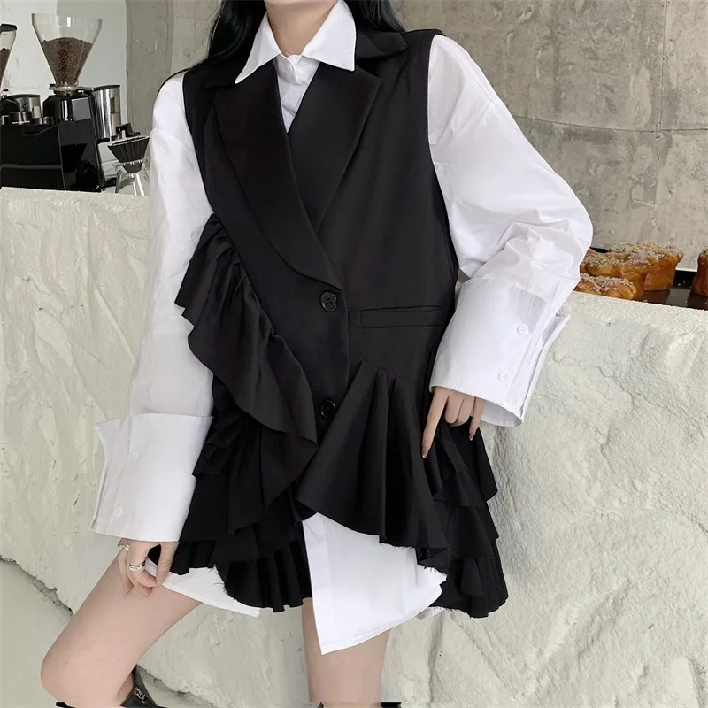

Vest 2021 new Korean women's suit collar sleeveless asymmetric Ruffle vest women's top