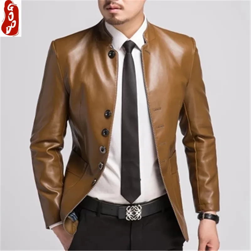 

Spring Faux Leather Jacket Men Black Brown Solid Mens casaco Slim Fit middle aged business jaqueta couro masculina HH024