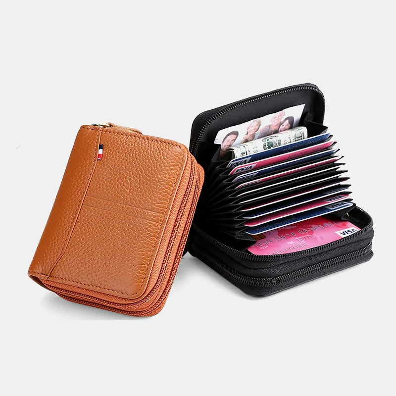 

Genuine Leather Men Wallet Double Lychee Pattern Multi Pocket Money Clip Large Capacity Card Holder RFID Anti-Theft Holiday Gift
