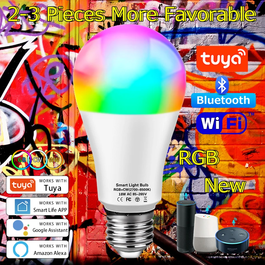 Tuya Bluetooth умная лампа E27 Светодиодный светильник лампы RGB + холодный белый теплый
