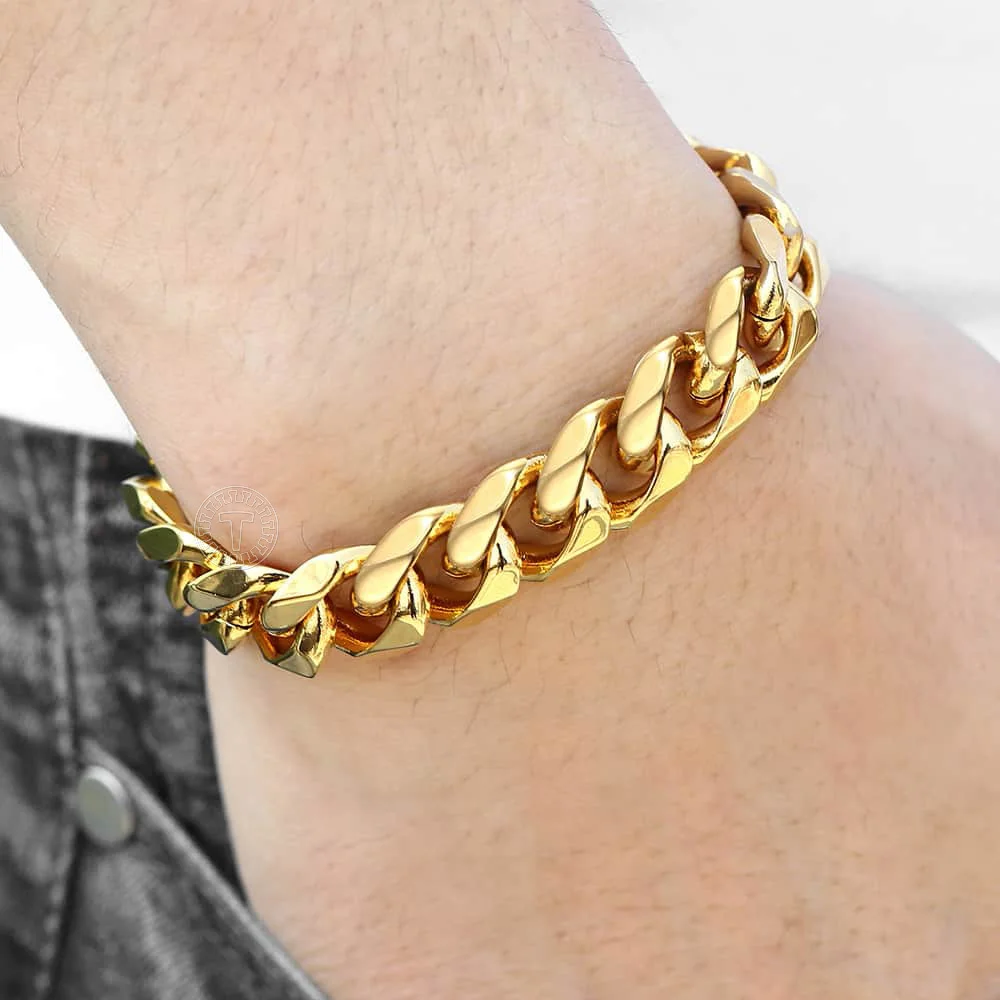 

15mm Gold Color 316L stainless steel Curb Bracelet for Men Boy Heavy Chain Link Bracelet Fashion Jewelry for Male 2019 DHB506