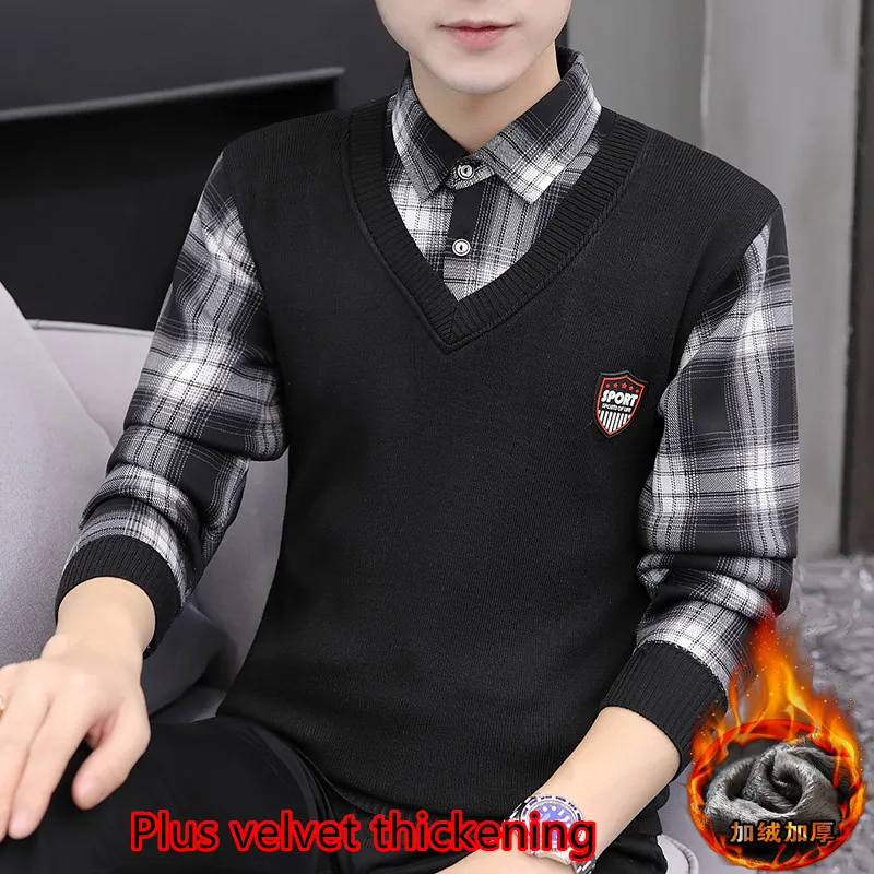 Men's Fashion Sweater Shirt Collar Fake Two Pieces Youth Trend Pullover M-3XL
