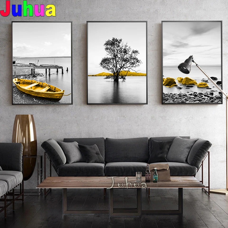 

Full resin Diamond 5d Diy Diamond Painting Sea Landscape Tree Boat Life 3D Embroidery round drill Cross Stitch Mosaic Triptych