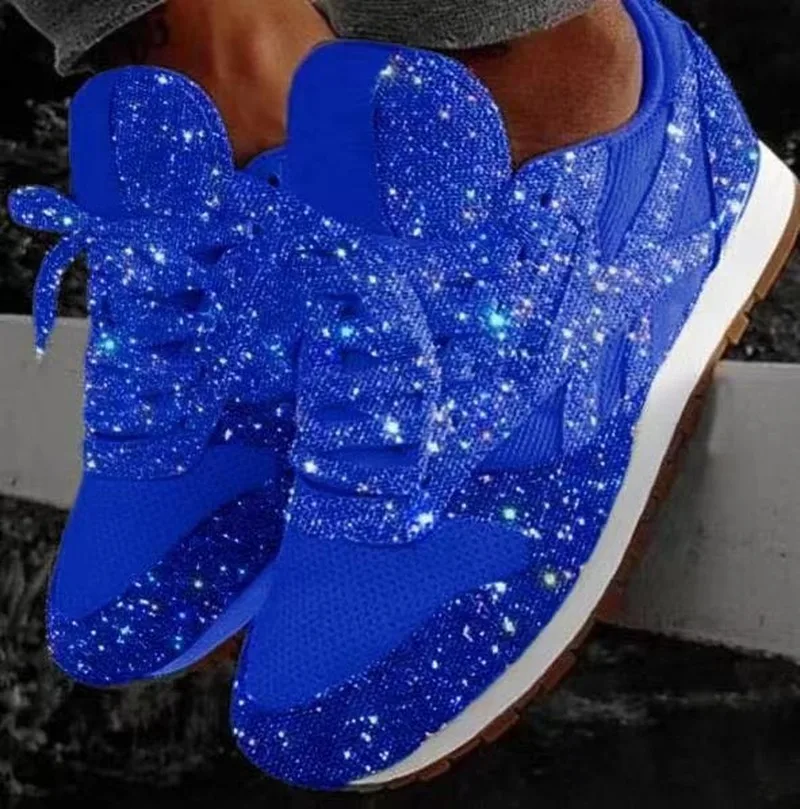 

Fashion Women Glitter Sneakers Lace Up Casual Shoes Bling Sparkly Shoes For Women Beathable Ladies Casual Flat Zapatos De Mujer