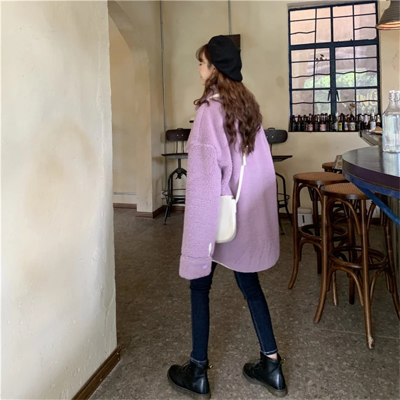 2021 Winter New Solid Color French Gentle Wind Loose Lapel Single-breasted Lamb Hair Long-sleeved Pure Cotton Thick Coat Women