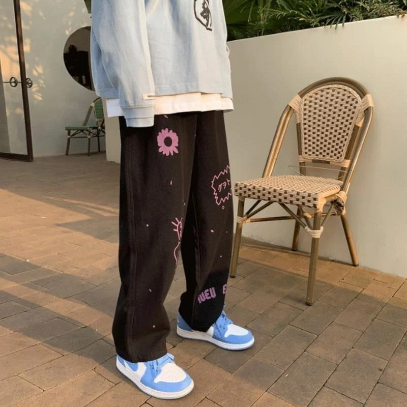 

Korean Fashion Wide Leg Pant Spring 2021 Print Trousers Women Loose Casual Streetwear High Waist Pants Women