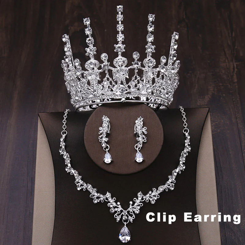SilverCrown Set Clip Свадебные комплекты ювелирных изделий барокко круглый набор с тиарой полный круг Корона Ожерелье Серьги Королева Принцесса пышный день рождения корона ребенок - Окраска металла: SilverCrown Set Clip