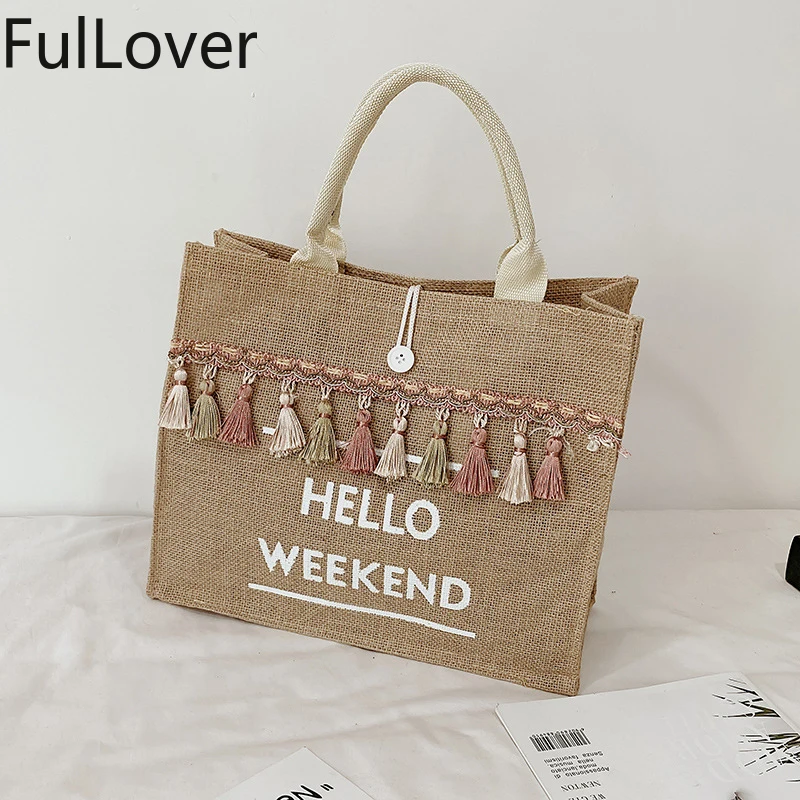 

New Portable Canvas Handbags Female Linen Bag Large-capacity Shoulder Bags Fashion Female Tassel Letter Bags Simple Shopping Bag