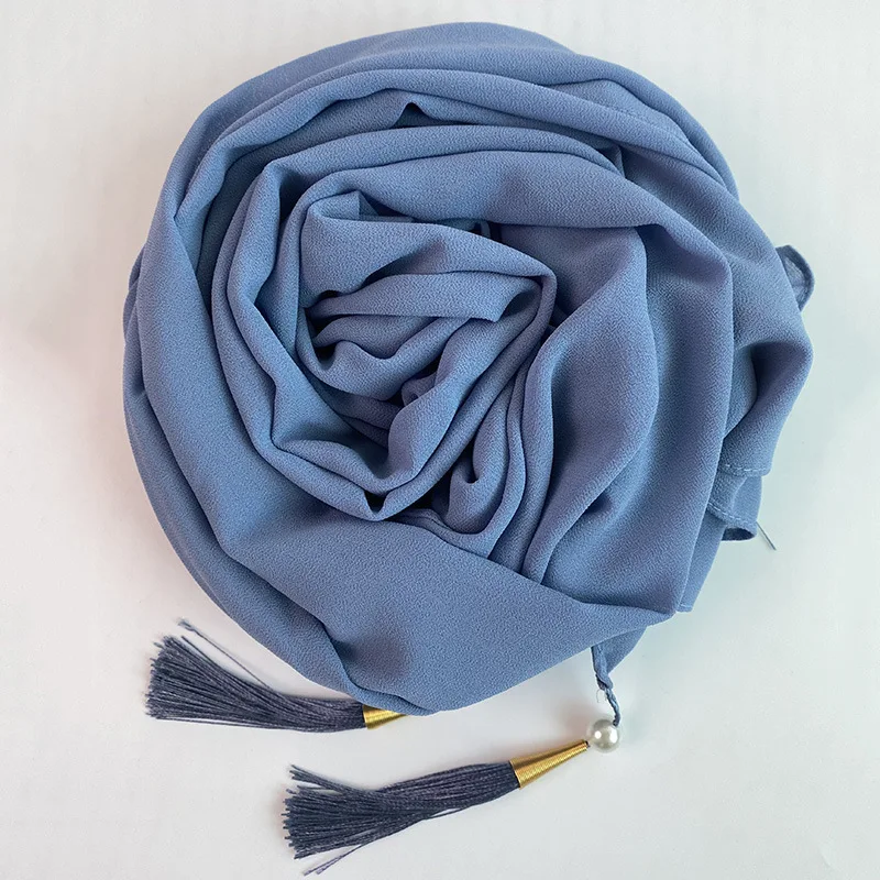 

1 Pc Bubble Chiffon Solider Color Scarf Long Soft Wrap Scarf Shawl Scarves Femme Bufandas Beaded Pearls Hijabs Tassel Scarf
