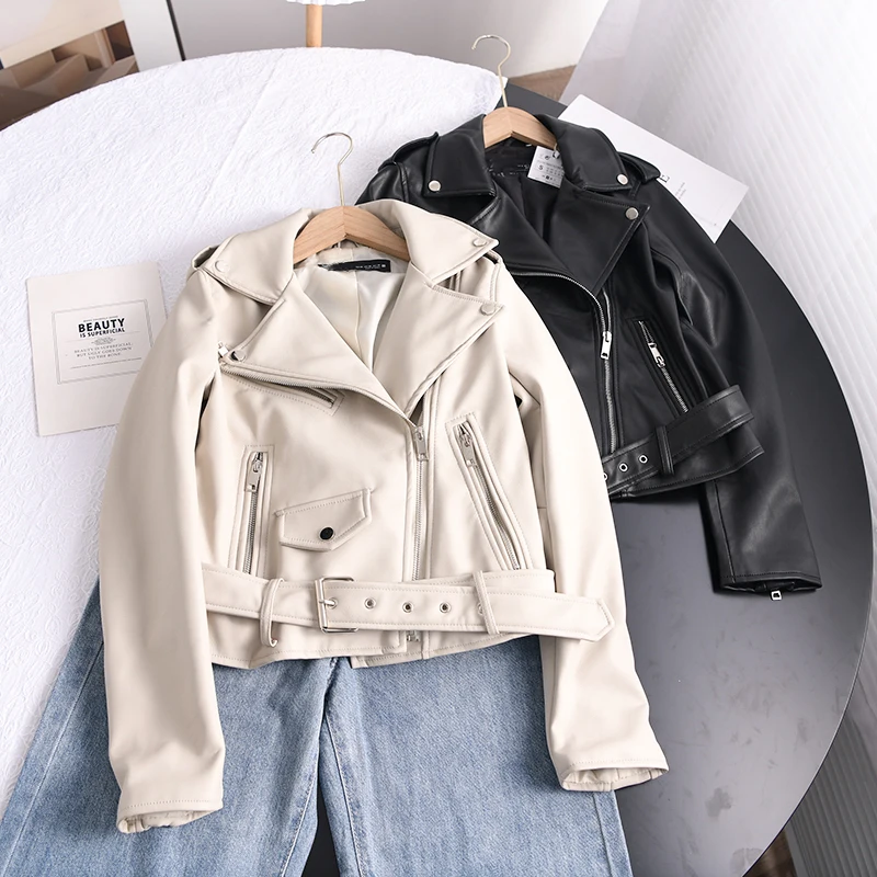 

2021 Winter Fall Soft Faux Leather Short Jacket with Belt Women Lapel Pu Leather Coat Black Zipper Moto Biker Outwear Za Jacket