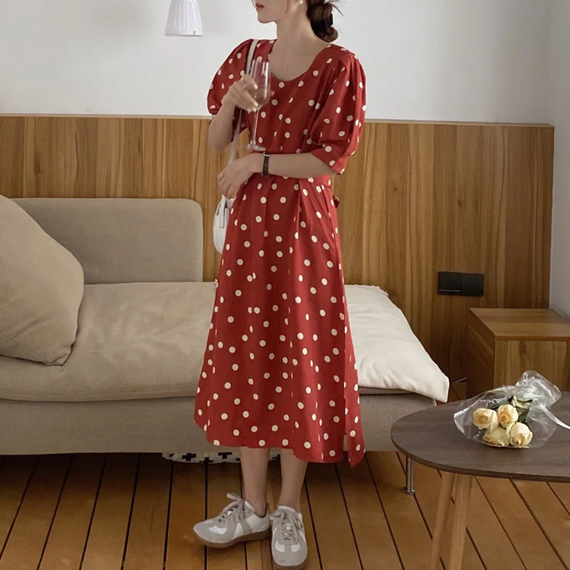 

2020 Vintage Dot Long Dress Women Elegant Puff Sleeve Short Sleeve Party Dresses Summer Lady's Clothes LCY