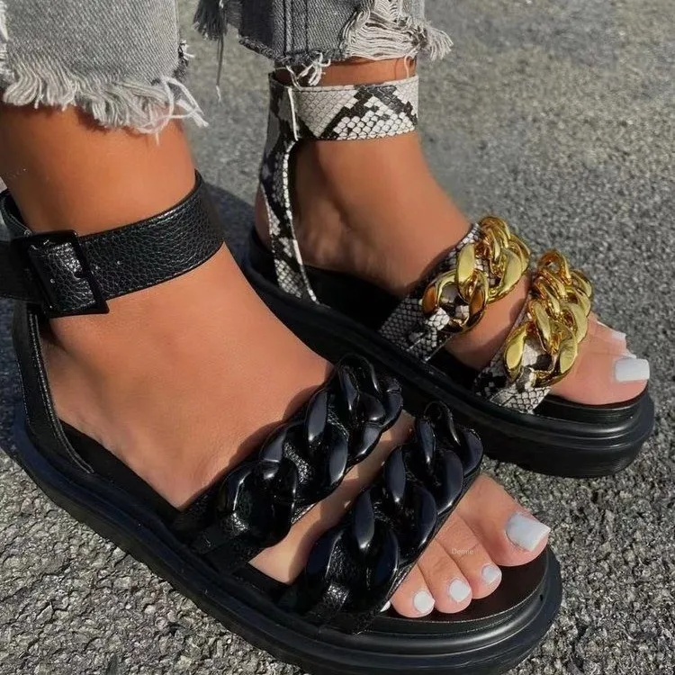 

Women's Sandals Snake Pattern Buckle Open Toe Sandals 2021 Summer New Solid Color Metal Chain Platform Sandals Casual Shoes