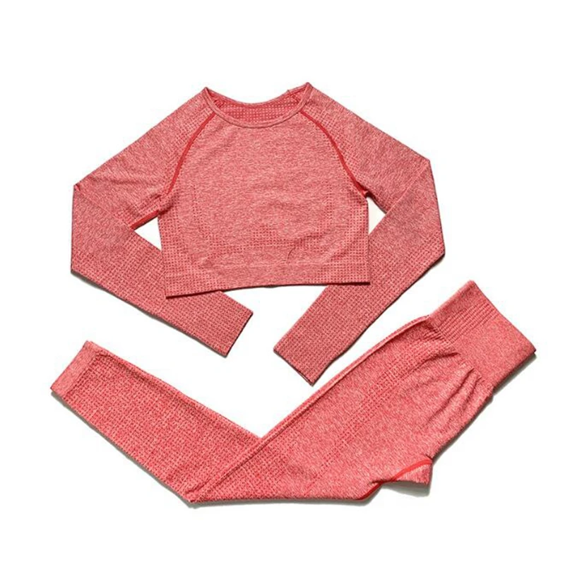 Red set Женский бесшовный комплект для йоги, спортивные костюмы для фитнеса, одежда для спортзала, рубашки для йоги с длинным рукавом, леггинсы с высокой талией для бега, одежда для тренировок - Цвет: Red set