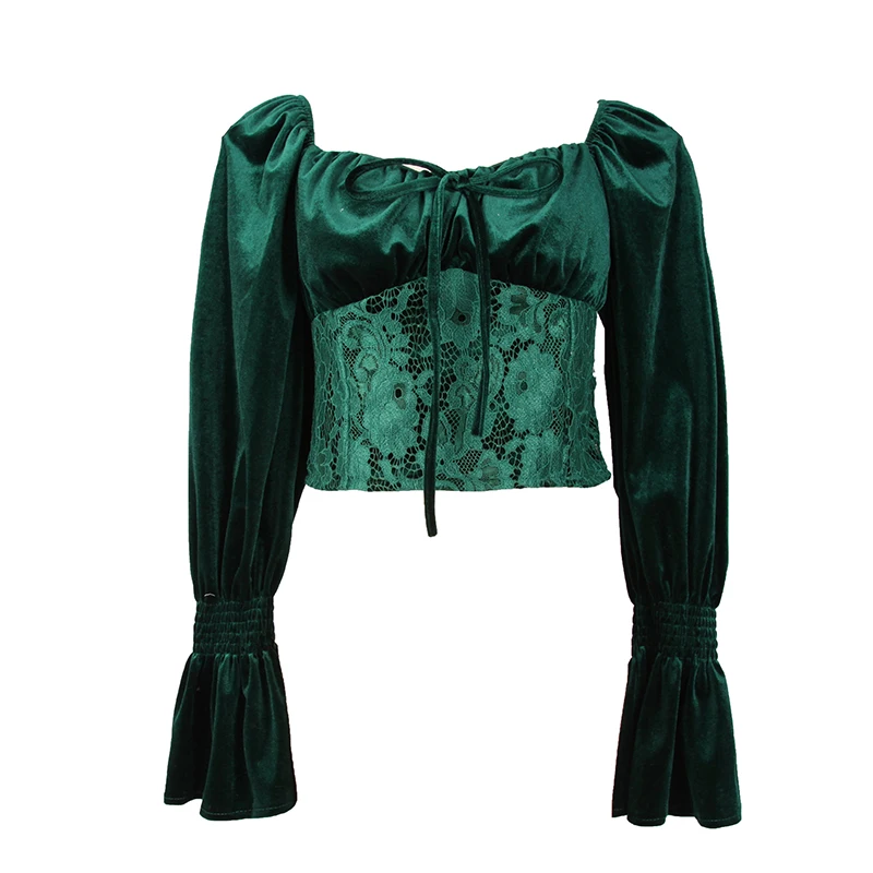 

Winter bow tie a word shoulder clavicle gold velvet women's lace stitching trumpet sleeve short section shirt