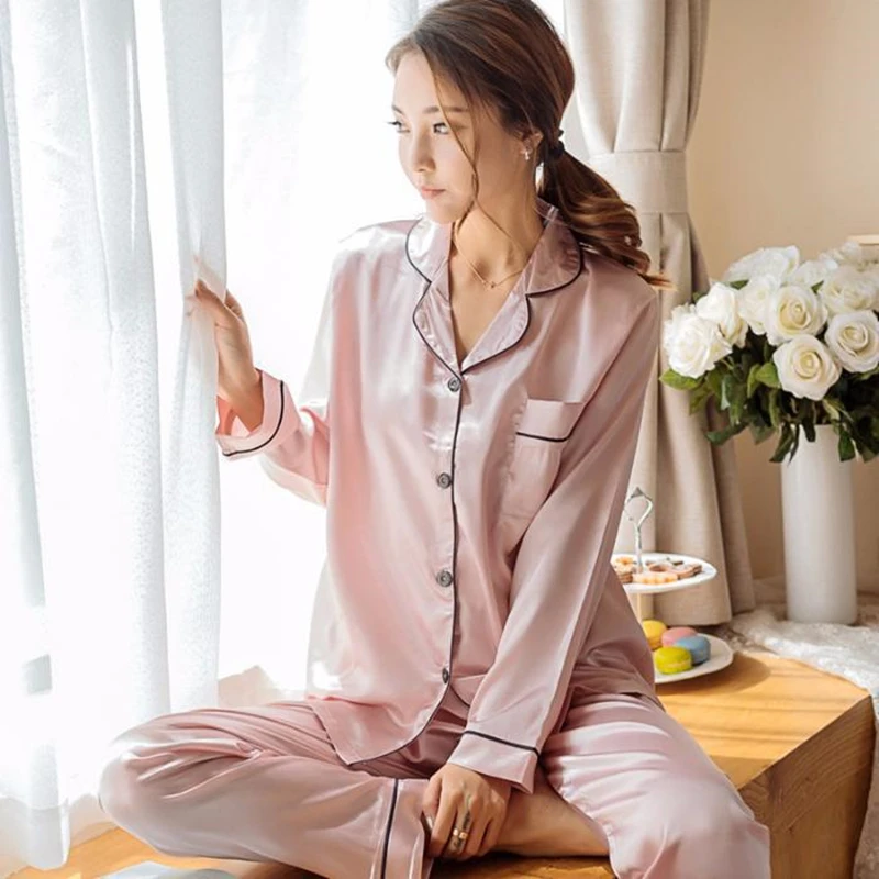 

Women Pajamas Set Sleepwear Winter Long Sleeve Mujer Pijamas Nuisette Sexy Lingerie Nightwear Silk Satin Pyjamas pjs Suit 2Pcs