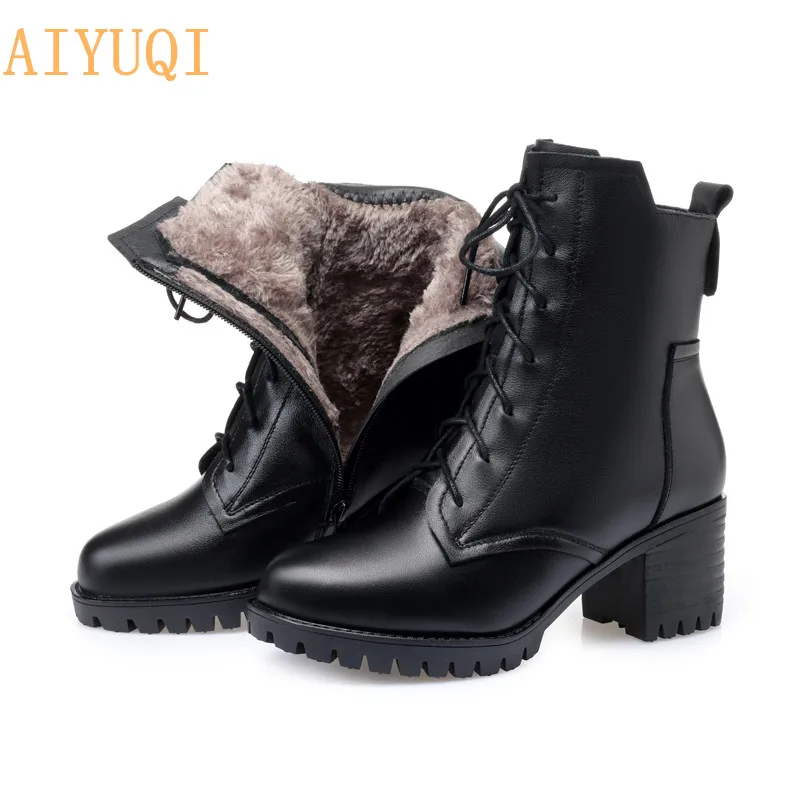 black fluff AIYUQI женские ботинки из натуральной кожи; Новинка года; зимние армейские ботинки; военные женские Ботинки martin; женские ботинки из коровьей кожи - Цвет: black fluff