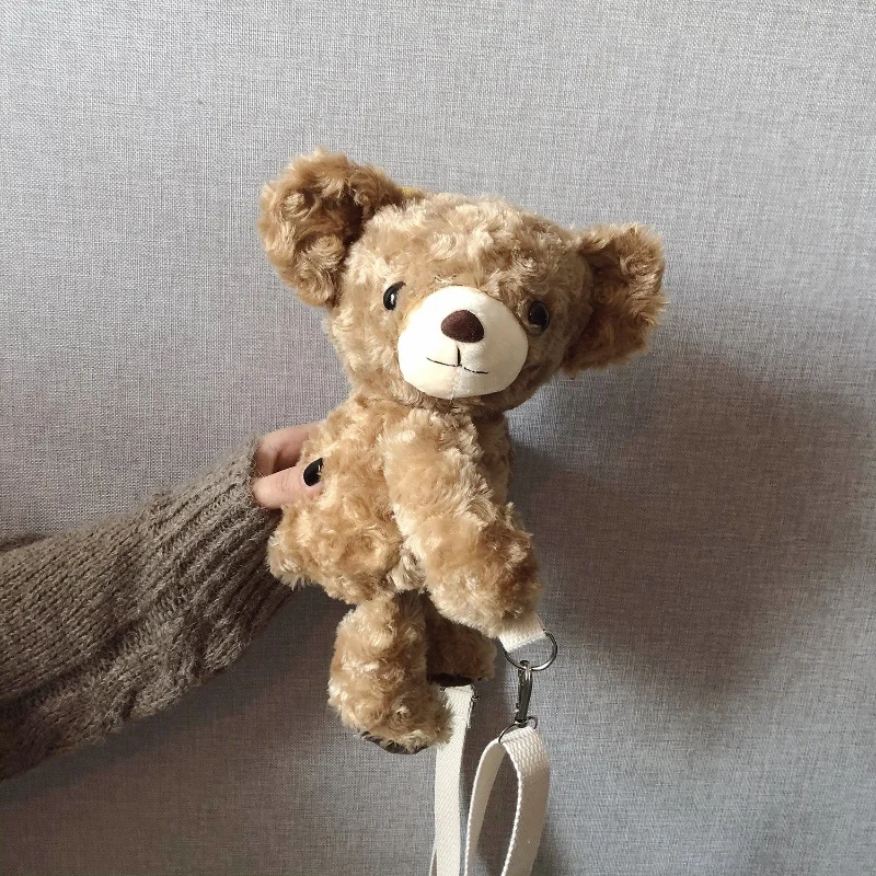 Girls Bouncing Doll Bag Teddy Bear Plush Messenger Bags Children Cartoon Bear Doll Chain Single Shoulder Bag Cloth Chain Strap