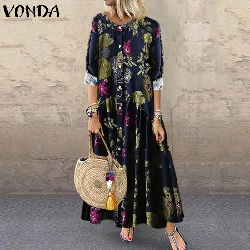 VONDA, модное Платье макси с цветочным принтом, женские богемные винтажные вечерние платья, повседневные свободные платья с длинным рукавом размера плюс