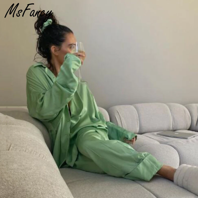 

Msfancy Green Pant Suits Women 2021 Long Sleeve Oversized Blouse Elastic Waist Wide Leg Pants Pajamas Female 2 Piece Set