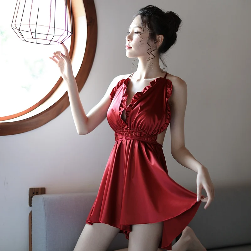 

Silk Women Sexy Lingere ruffles Deep V Backless Lingerie Porno Sleep wear Chemise Night Dress Gowns Ropa Sexy Para El Sexo red