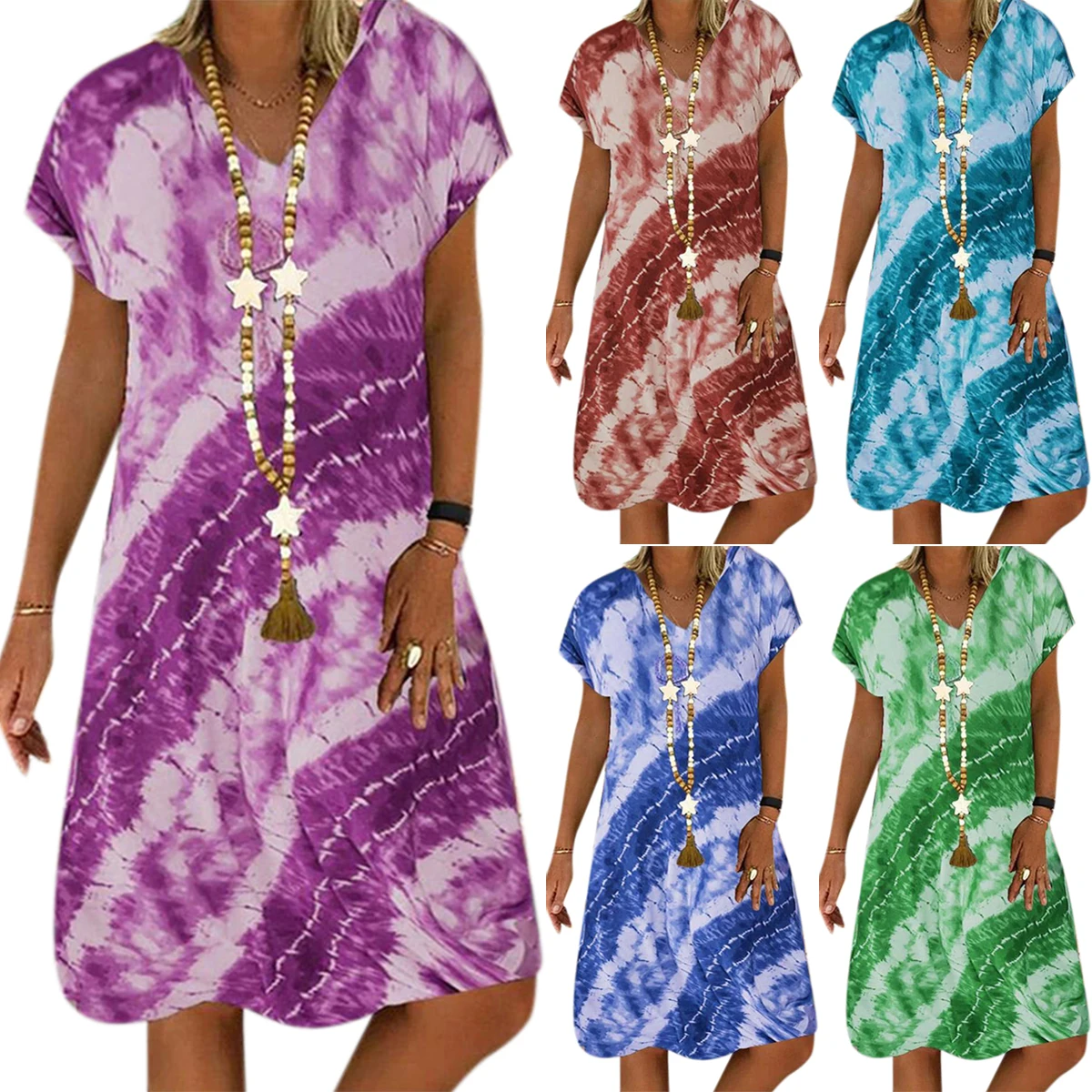 

Vicabo Dress Women Vintage Tie Dye Short Sleeve Large Size Dresses Ladies Summer Holiday Party Midi Vestidos Sun Dress Plus Size