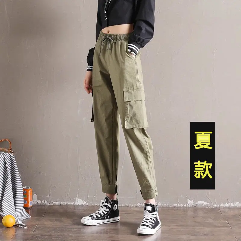 

2021 summer new style pure cotton overalls women BF loose and thin students' waist high waist casual cropped trousers