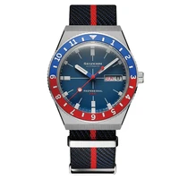 merkur new arrival mens retro diving watch blue dial blue red aluminum rotating bezel japan nh36 automatic movement nato strap