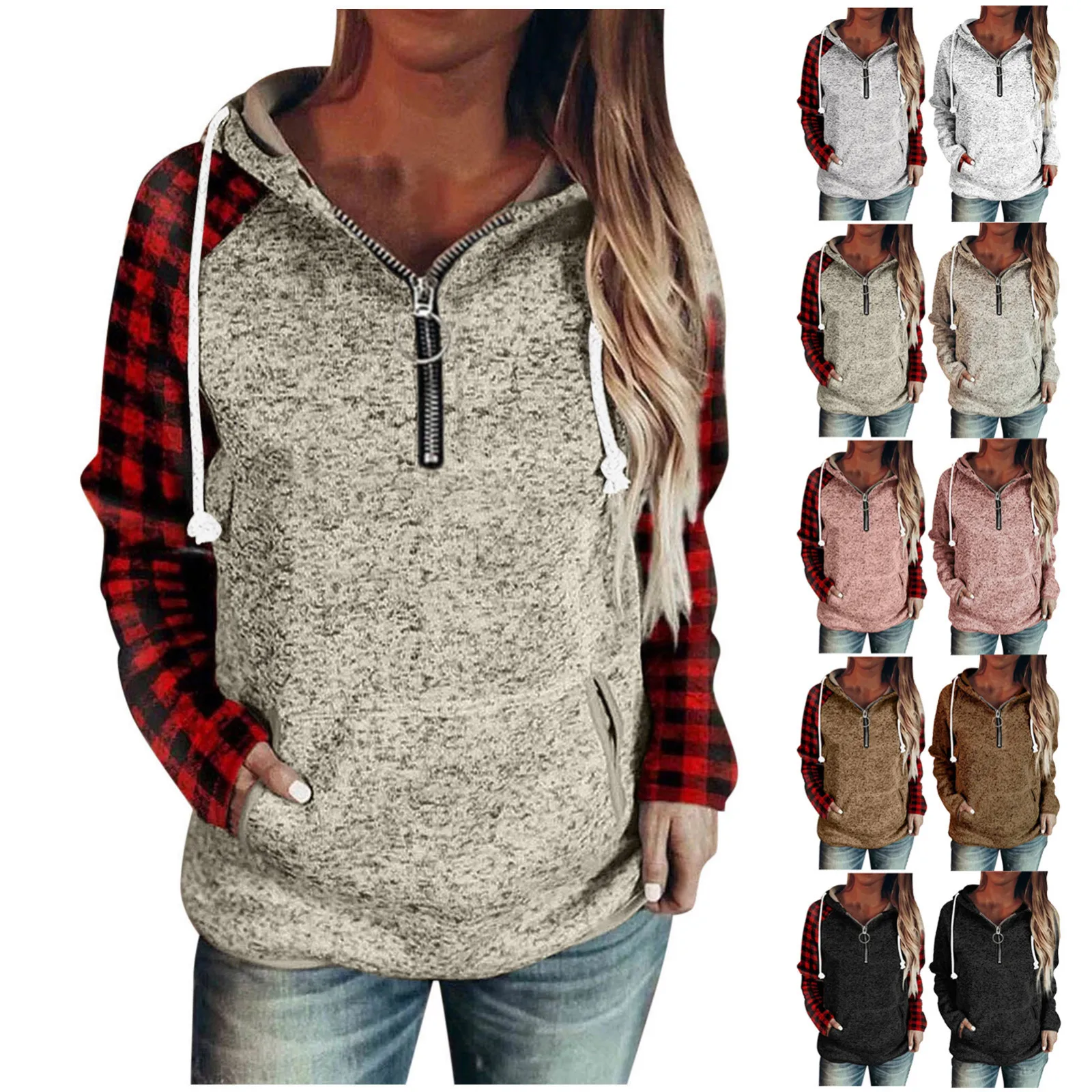 

Pullover For Womens 1/4 Zip Hoodies Drawstring Hooded Casual Long Sleeve V Neck Plaid Print Sweatshirts With Pockets R5
