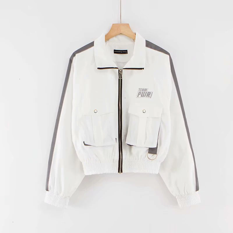 Herfst Nieuwe Reflecterende Jas Vrouw Casual Sport Streetwear Lange Mouw Bomberjack Losse Rits Uitloper |