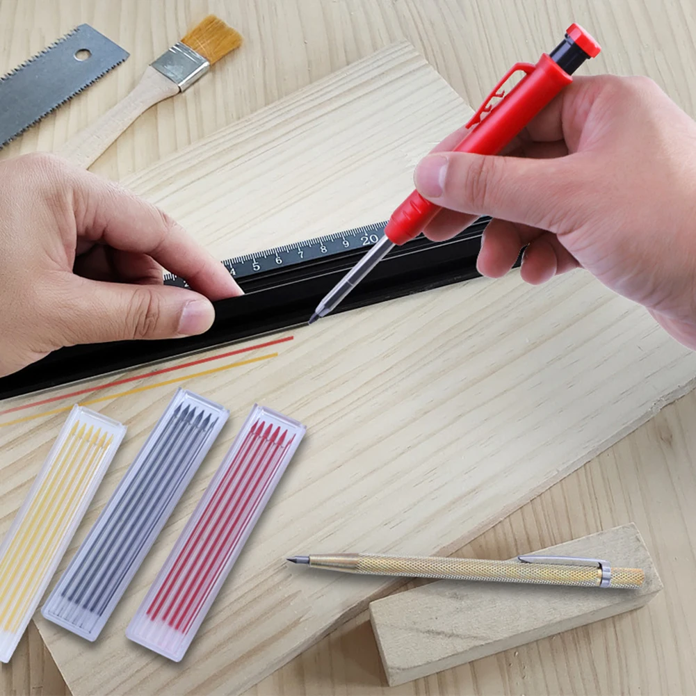 

Woodworking Mechanical Deep Hole Pencil Carpenter 6 Refill Line Scribe Marker Pen with Built-in Sharpener Builder Marking Tool