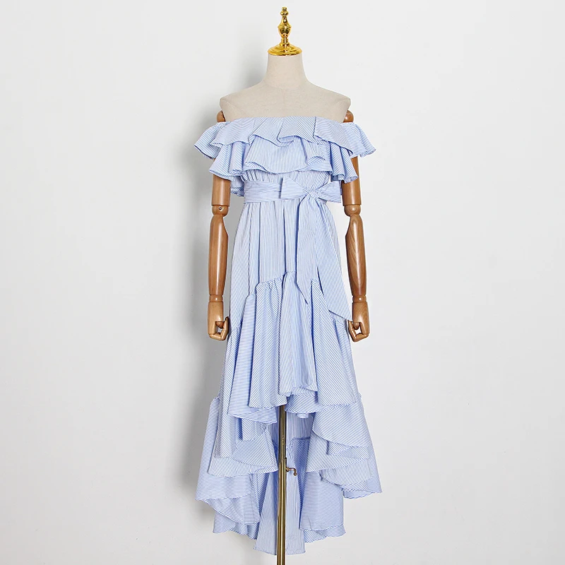 

Женское платье с оборками, повседневные полосатые платья в стиле пэчворк с воротником-лодочкой и рукавами-фонариками, высокой талией и асимметричным подолом