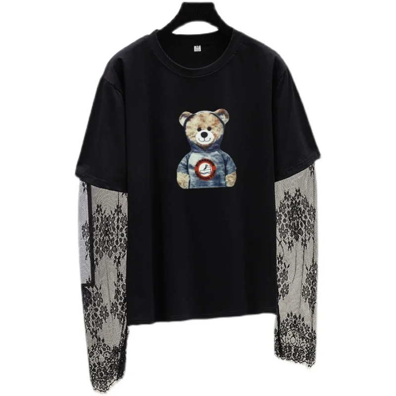 

Harajuku Print Cartoons O-Neck Lace Patchwork Sleeve T-shirt Female Preppy Style Diablo Loose Streetwear Cotton Tops 2021 Summer