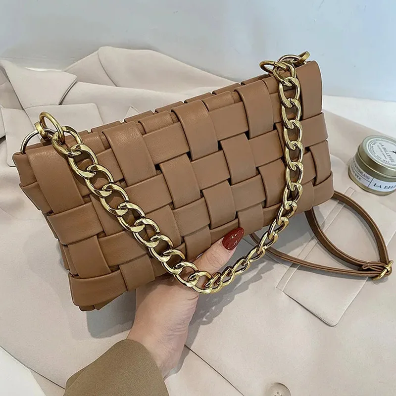

2021 Winter New Fashion Woven Chain Ladies Shoulder Bags High Quality PU Solid Color Handbags Brand Design Crossbody Bag Female
