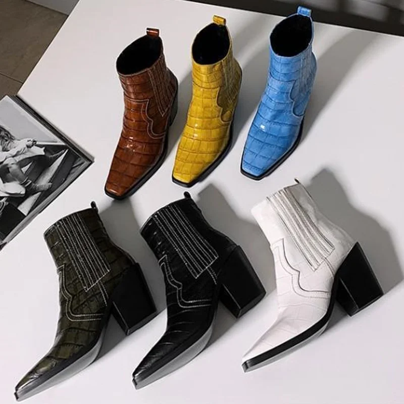 

Women Big Size Boots 2019 New Arrivals Stone Print Slip On Pointed toe High Heels 8 cm Short Booties Patchwork Square Heel Shoes