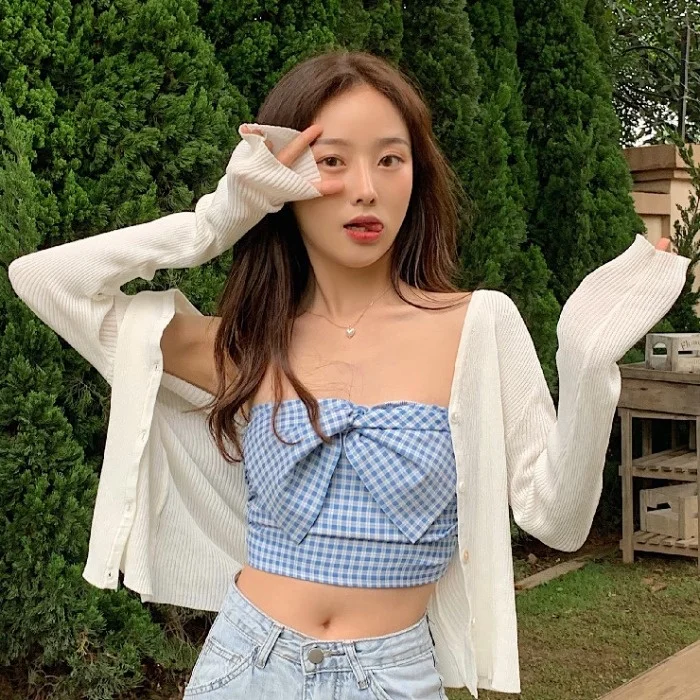 

Женский короткий топ в клетку, сексуальное нижнее белье в стиле интернет-знаменитостей, облегающий Топ без бретелек и с бантом, лето