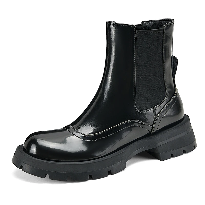 

New Women Chelsea Boots Patent Genuine Leather High Heels Thick Platform Ankle Shoes Casual Classic British Style Autumn Winter