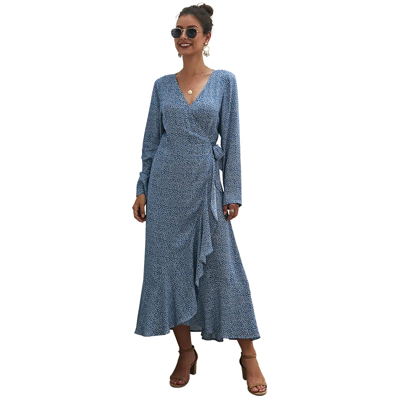 

Summer Women Printed Floral Dress Casual Loose Long Sleeve High Waist V-neck A-line Dresses Elegant Ladies Holiday Party Dress
